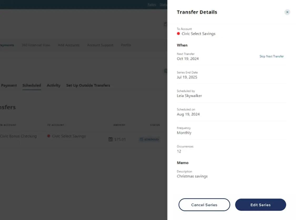 Civic online banking screen that displays the transfer details.