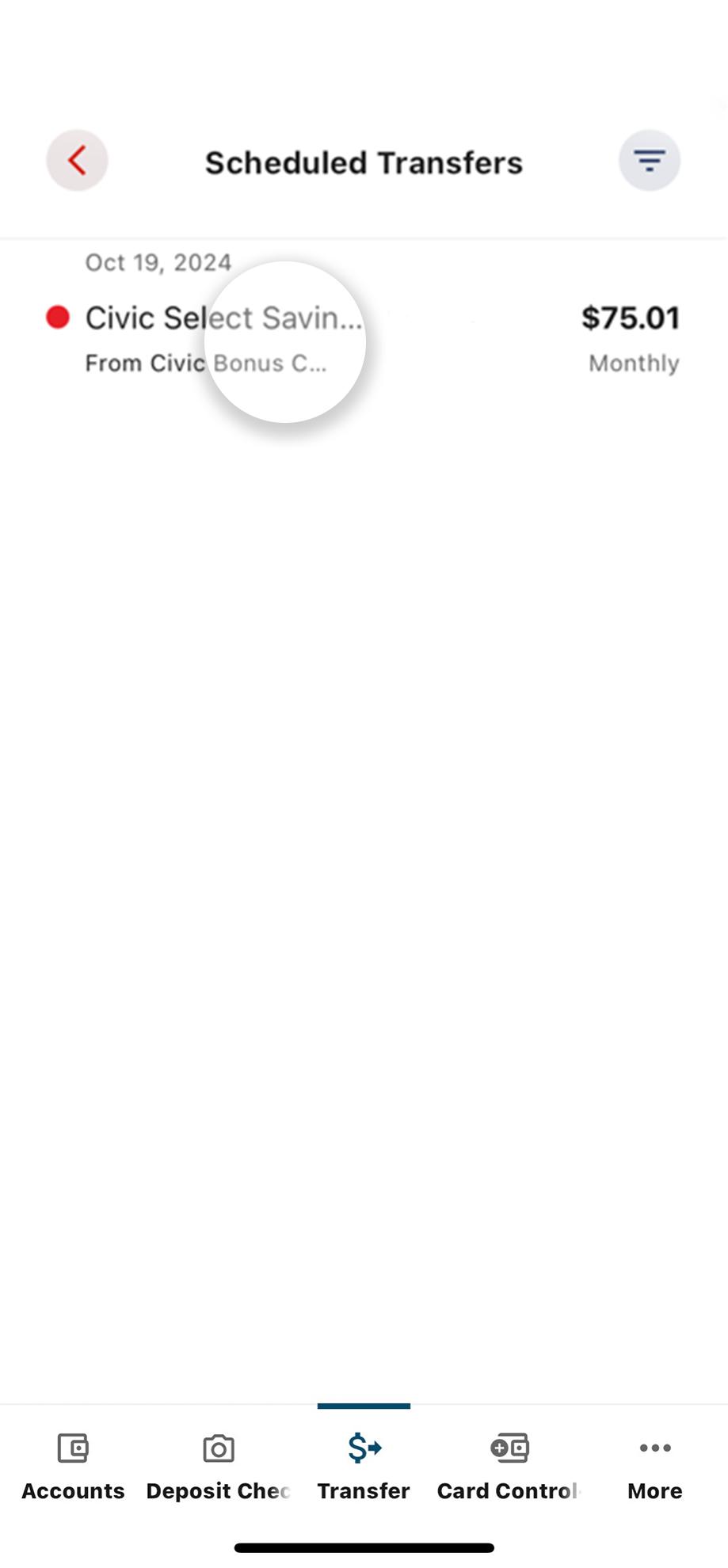 Civic app screen that shows a scheduled transfer.