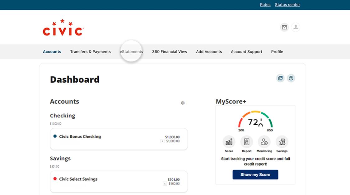 Accounts dashboard inside online banking with eStatements highlighted.