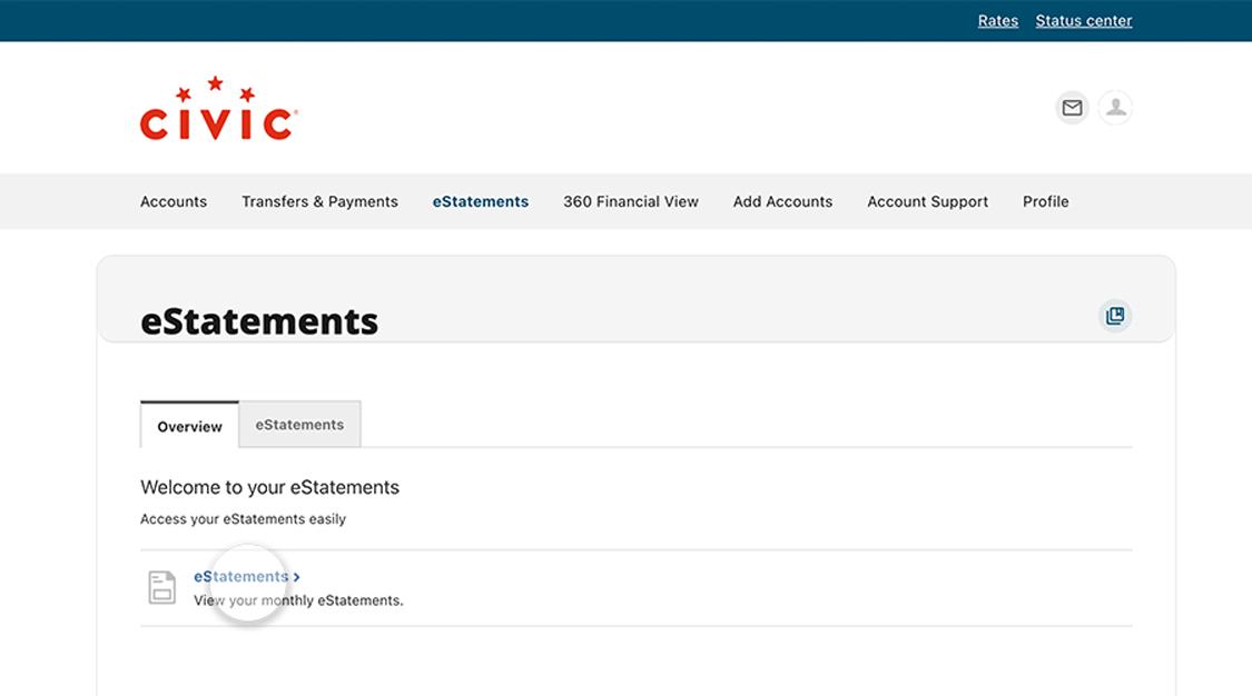 eStatements tab inside online banking with eStatements highlighted.