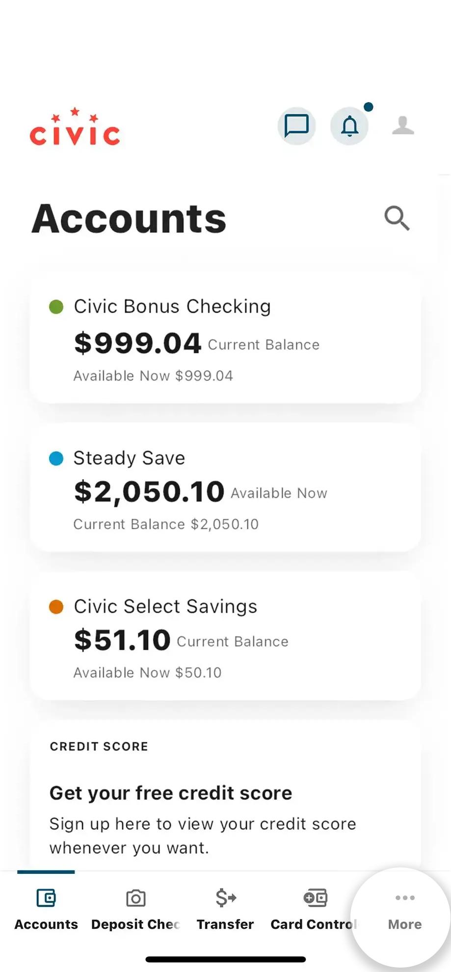 Civic app screen that highlights the selection of more.