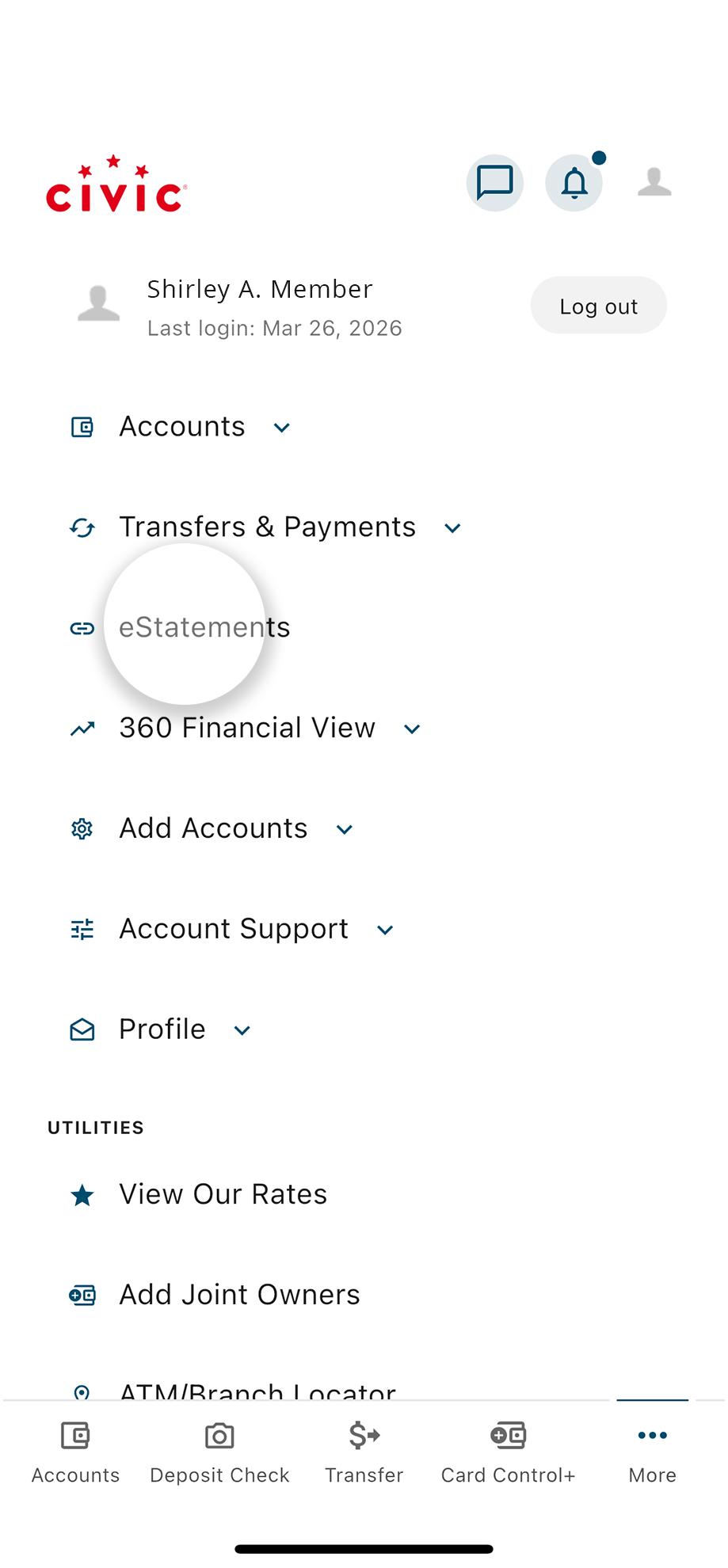 Civic mobile app with more navigation selected, and eStatements highlighted.