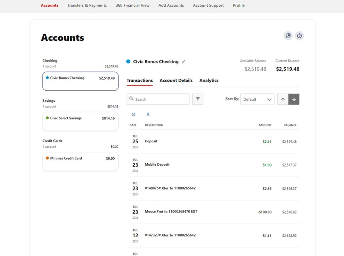 Civic online banking screen that shows the account's most recent transactions.