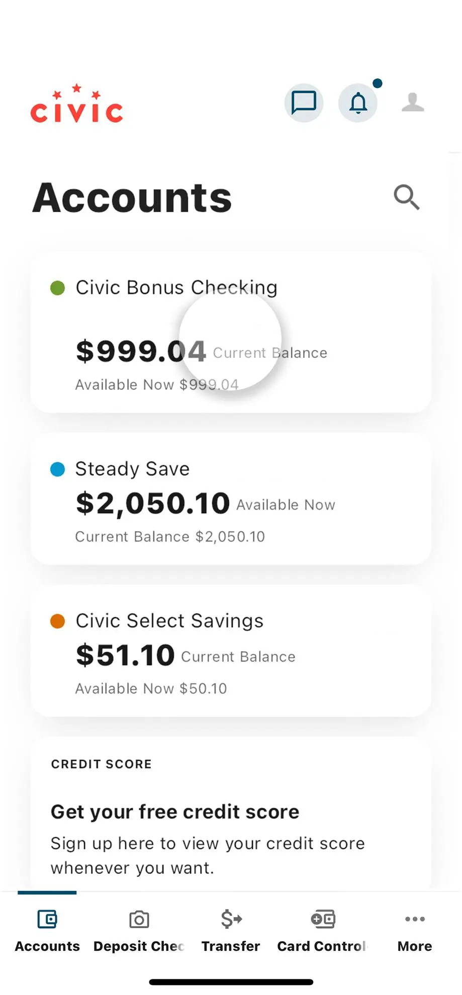Civic app screen that highlights the selection of an account.