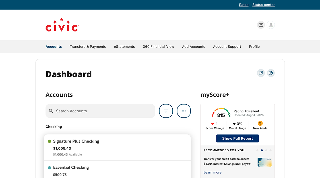 Civic online banking dashboard