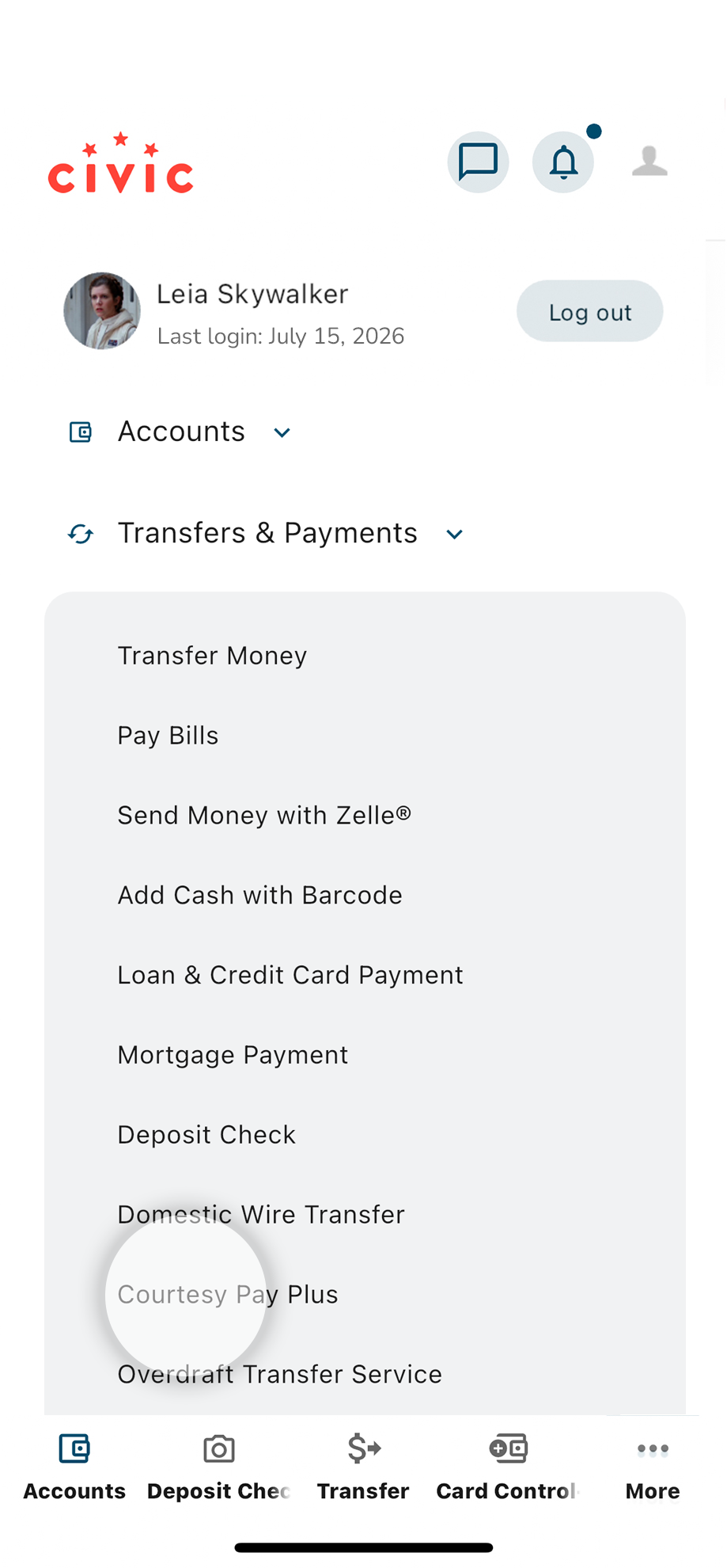 Expand the menu under Transfers & Payments and select Courtesy Pay