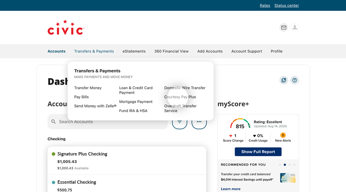 Transfers & Payments Drop down menu