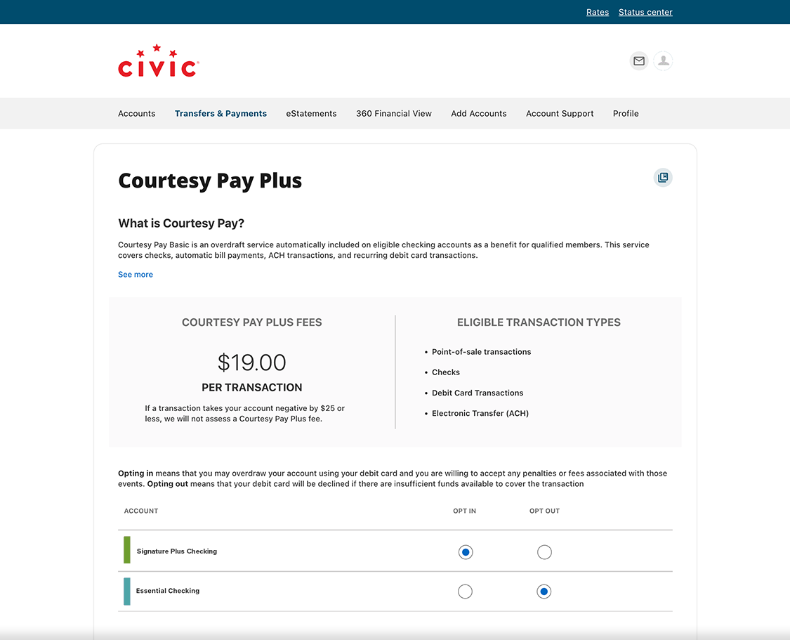 Select Opt In to upgrade to Courtesy Pay Plus or Opt Out to make your change