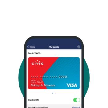 Civic mobile app showing card control plus screen.