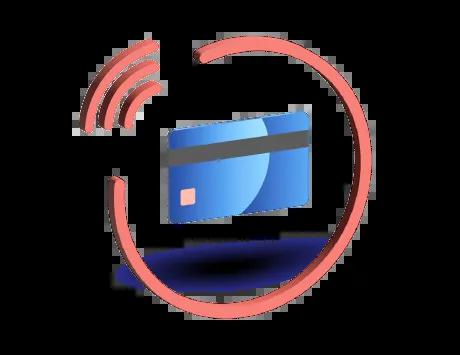 Graphic of a credit card with a "tap-to-pay" symbol, indicating contactless payment.