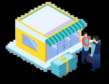 Graphic of a storefront with a transaction happening, where goods are being exchanged for cash.