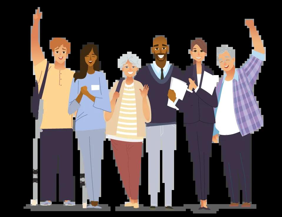 Graphic of a diverse group of people standing together, representing different backgrounds, ethnicities, and ages.