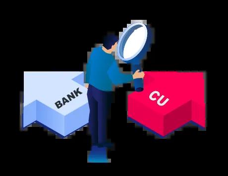Graphic of a person holding a magnifying glass, carefully examining two paths: one leading to a Credit Union and the other to a Bank.