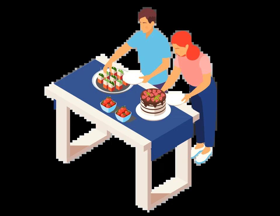 Graphic of two individuals setting the table for a budget-friendly gathering.