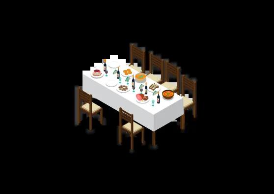 Graphic of a dining table neatly set for company, with plates, glasses, utensils, and decorative elements, ready for a gathering.