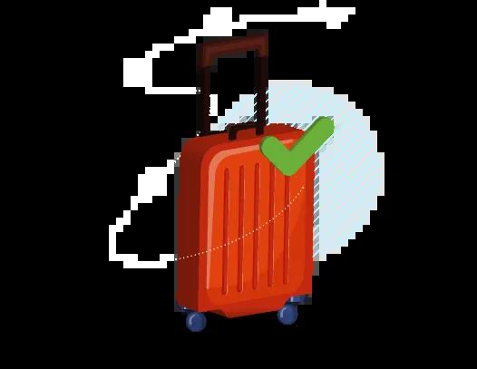 Graphic of a red roller suitcase, with wheels and a handle, ready for travel.