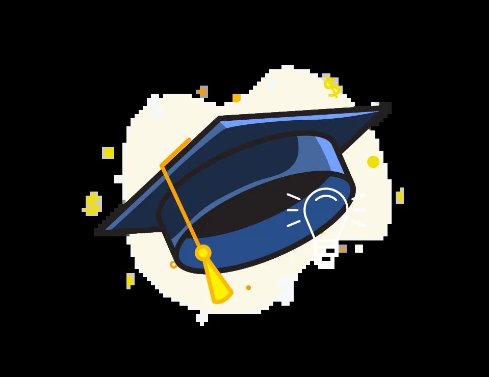 Graphic of a traditional graduation cap (mortarboard) with a tassel hanging from one side.