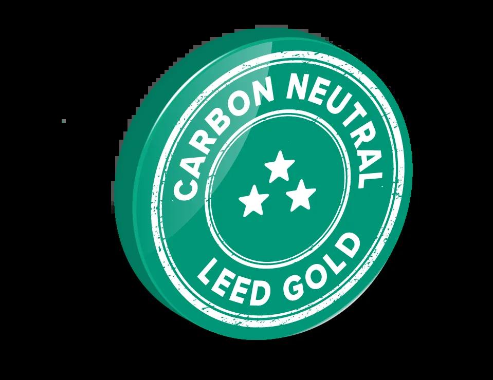 Graphic featuring the "Carbon Neutral" and "LEED Gold" logos, symbolizing sustainability and eco-friendly practices in construction and design.