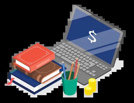 Graphic of school supplies, including a laptop, books, and pencils, arranged neatly.