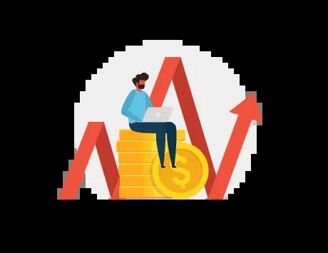 Graphic of a person sitting on a stack of coins with a rising graph in the background, symbolizing financial growth and success.