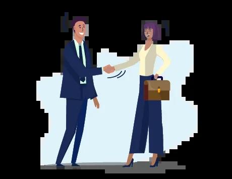 Graphic of a businessman and businesswoman shaking hands in a professional setting.