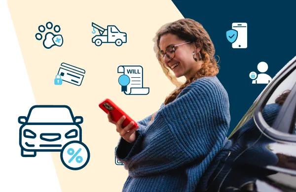 Woman leaning on car looking at all the Signature + benefits on her mobile phone from Civic Credit Union. 