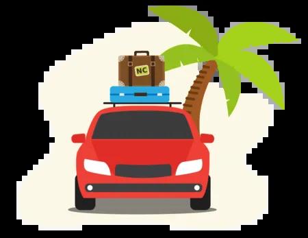 Graphic of a red car with suitcases strapped to the roof, packed and ready for a vacation.