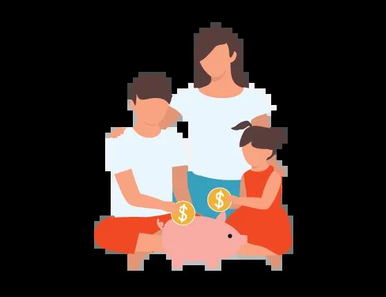 Graphic of a mother and her two children placing coins into a piggy bank together, symbolizing saving and financial responsibility.