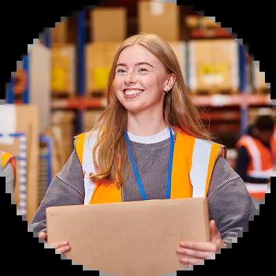 Young girl working her first job in a warehouse.