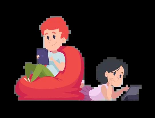 School age children holding and playing with smartphones and tablets.