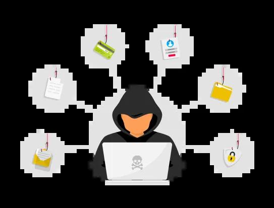 Hacker sitting at the desktop and phishing stealing private personal data, user login, password, document, email and credit card.