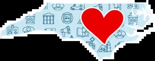 Graphic of the state of North Carolina with a large heart in the center, symbolizing local government support and love.