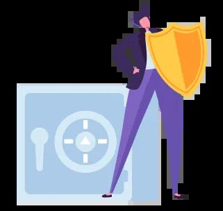 Graphic of a person holding a shield, standing protectively in front of a large safe, symbolizing security and protection.
