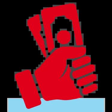 Red hand with money icon.