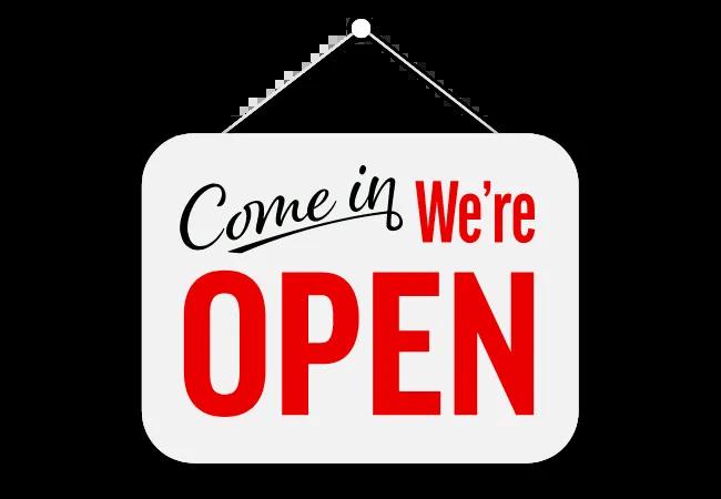 Graphic of a Come in, We're open sign