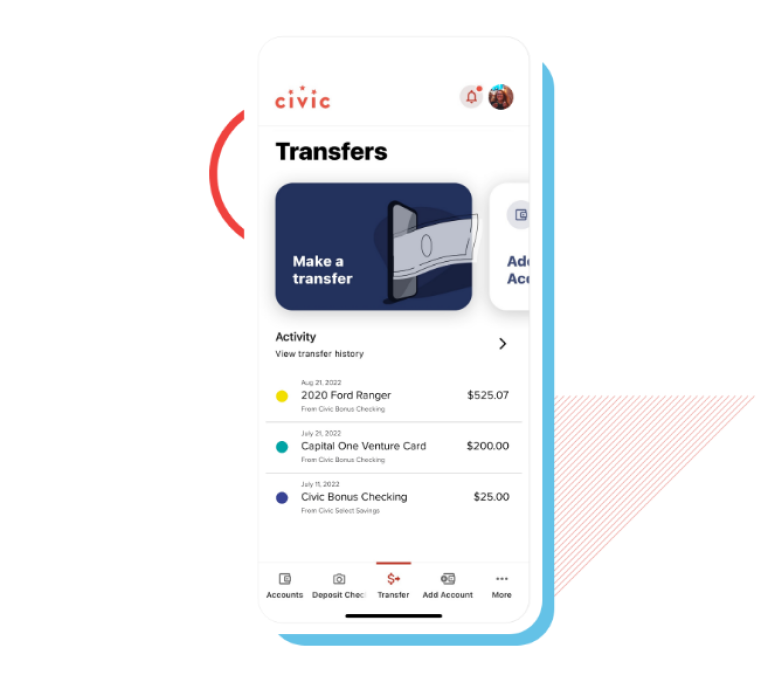 Transfers inside the Civic mobile app.
