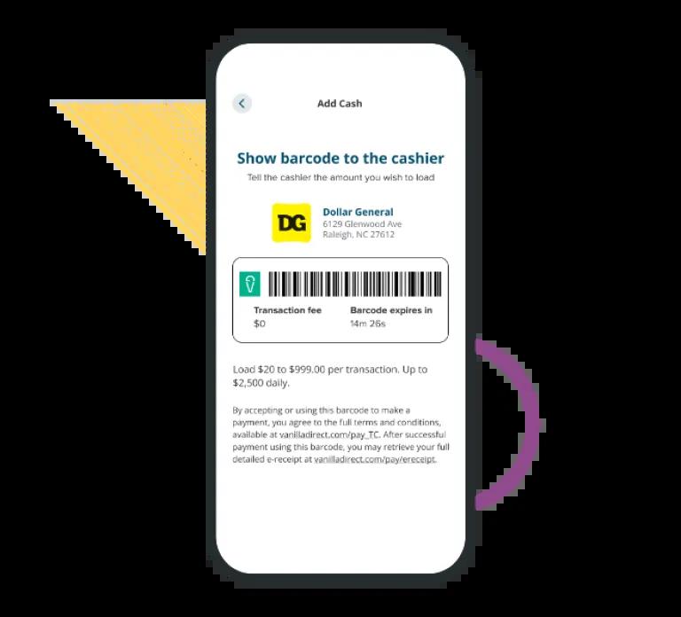 Civic mobile app adding cash with barcode screen.