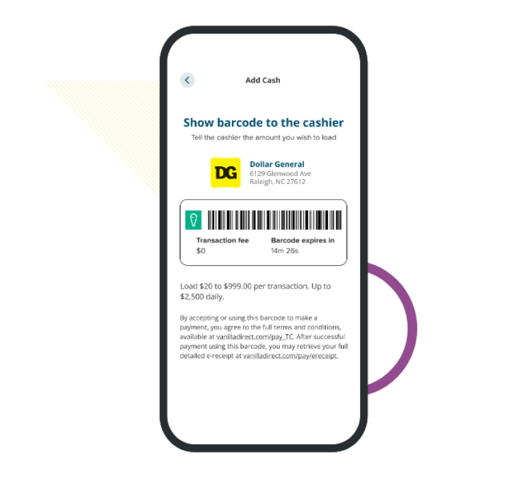 Civic mobile app adding cash with barcode screen.