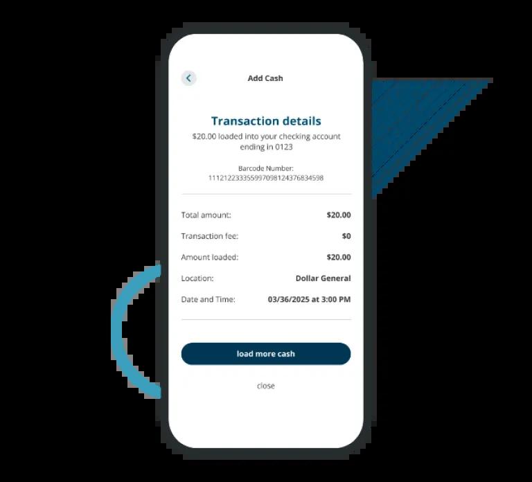 Civic mobile app adding cash with barcode transaction details screen.