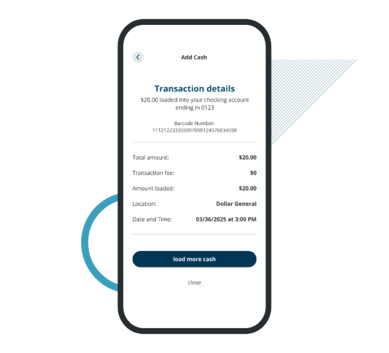 Civic mobile app adding cash with barcode transaction details screen.