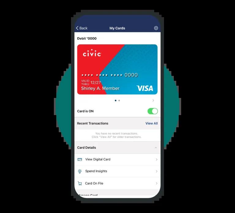 Activate, lock and unlock your Civic debit card and Civic credit card inside control +.