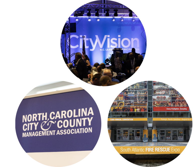 Conferences of our partners, South Atlantic Fire Expo, CityVision, North Carolina City and County Management Association.