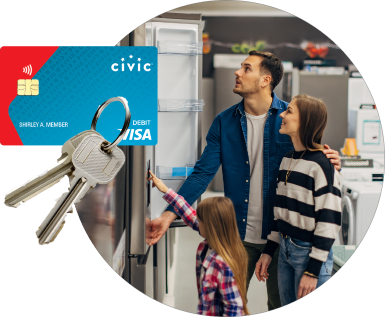 Family shopping for new home appliances using Civic debit card
