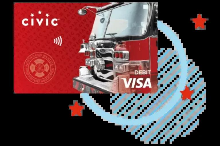 Civic Fire Debit Card on graphic background.