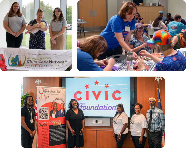 Collage of our 2025 grant recipients, Black Nurses Rock-Wilson/Raleigh Chapter, L’Arche North Carolina, and National Emergency Child Care Network, Inc. 
