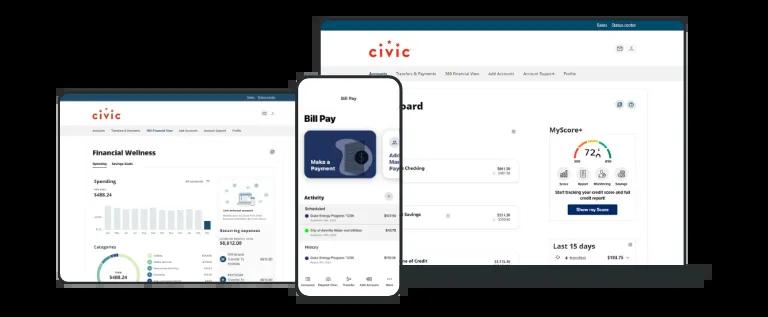 Civic online banking and mobile app screens for bill pay, account dashboard and financial wellness.