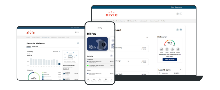 Civic online banking and mobile app screens for bill pay, account dashboard and financial wellness.