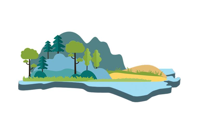 Graphic of North Carolina with forrest, mountains, beach.