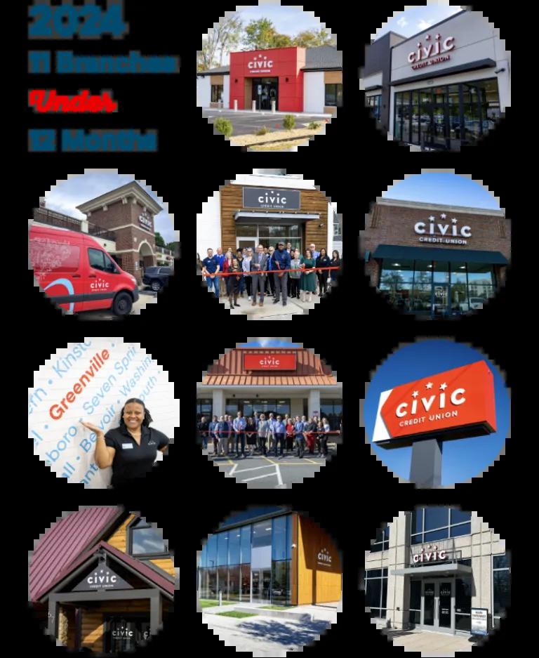 Collage of our 11 Civic branches built in 2024.