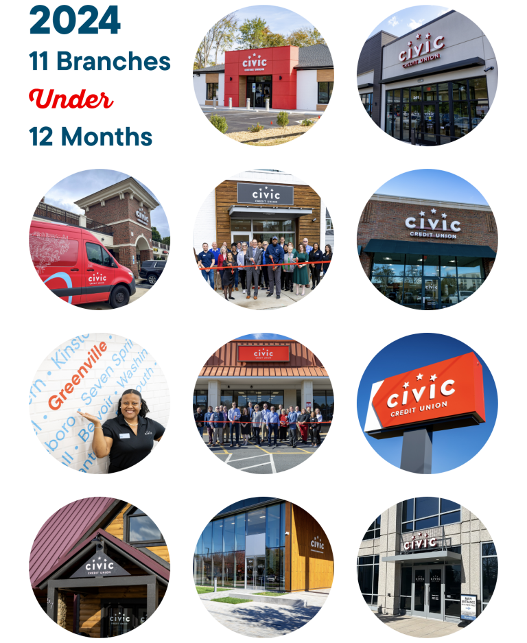 Collage of our 11 Civic branches built in 2024.